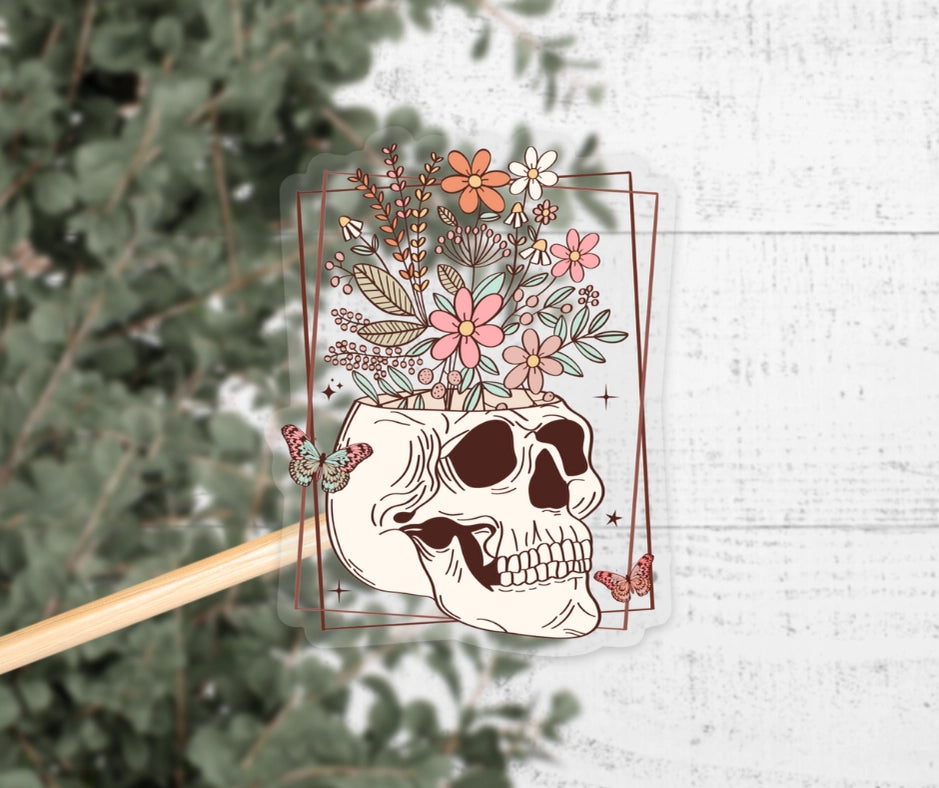 Floral Skull Clear Vinyl Sticker image 0