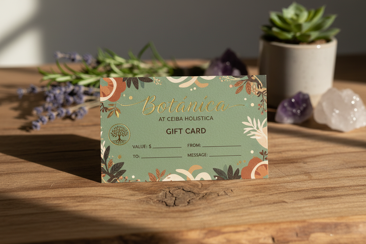 Image of a Botanica Ceiba Holistica Gift Card resting on a wooden surface